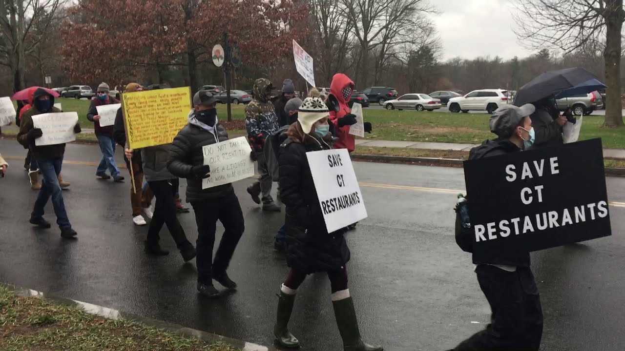 Connecticut restaurant workers march and protest at Governor's Residence